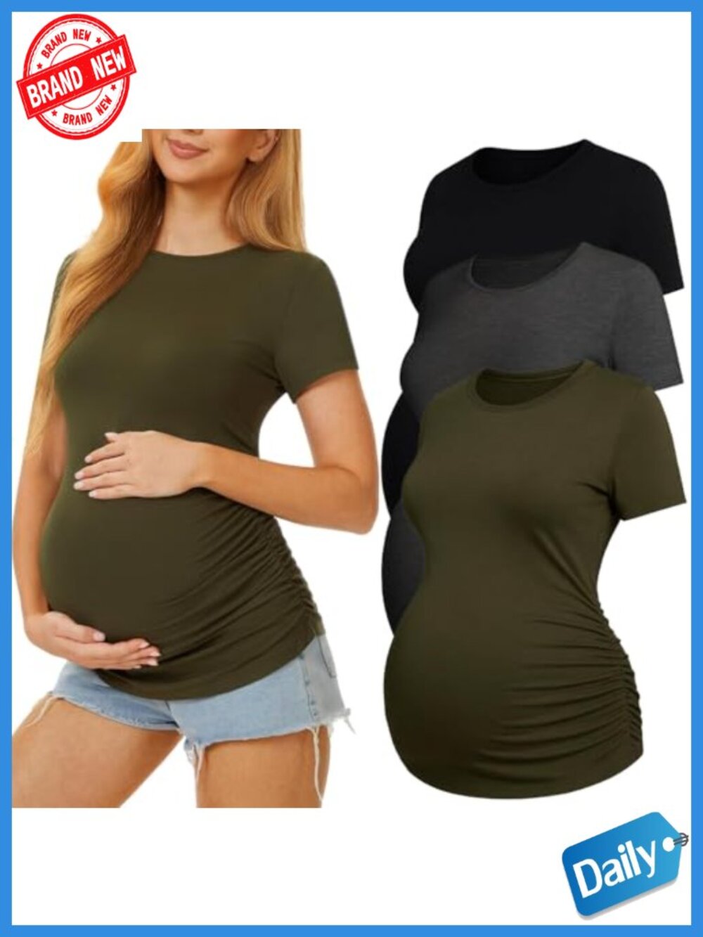3 Pack Maternity T-Shirts Short Sleeve Crew Neck Side Ruched